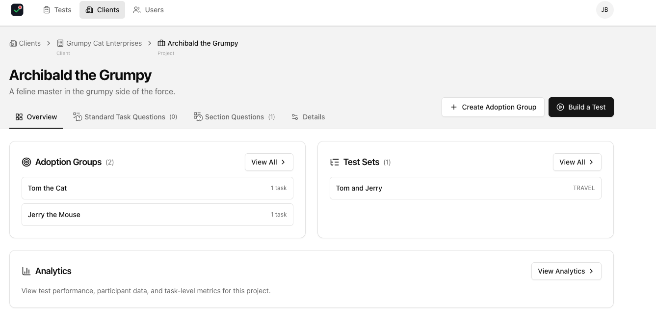 TAT project overview showing adoption groups, test sets and analytics for a client.